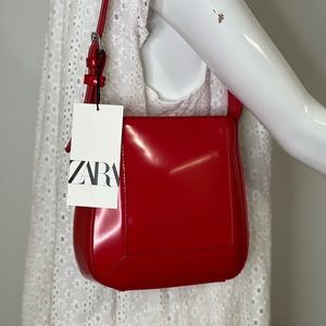 Zara Womens Shoulder Bag Red patent glossy finish handbag minimalist square bag